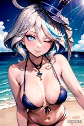 ai_generated artist_name bangs beach bikini bird blue_bikini blue_eyes blue_hair blue_sky blush breasts choker cleavage closed_mouth cloud cloudy_sky collarbone cowboy_shot day eyebrows_visible_through_hair female front-tie_bikini front-tie_top furina_(genshin_impact) genshin_impact hair_between_eyes hat highres hoyoverse jewelry kapottai large_breasts lips looking_at_viewer multicolored_hair navel necklace ocean one_eye_closed outdoors sand seagull shiny shiny_skin short_hair silver_hair skindentation sky smile solo standing stomach streaked_hair string_bikini sunlight swimsuit symbol-shaped_pupils teardrop top_hat two-tone_hair water waves wavy_hair wet wink winking_at_viewer