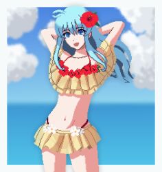 1girls alternate_costume armpits arms_behind_head bangs bare_midriff bare_thighs bikini bikini_skirt blue_eyes blue_hair breasts eirika_(fire_emblem) eirika_(summer)_(fire_emblem) female female_only fire_emblem fire_emblem:_the_sacred_stones fire_emblem_heroes flower hair_flower long_hair medium_breasts midriff nintendo ocean official_alternate_costume open_mouth outdoors pixel_art red_bikini red_swimsuit see-through seiko093 smile solo swimsuit thighs two-tone_bikini underboob yellow_bikini yellow_swimsuit