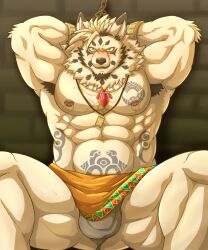 a3_lion abs absurd_res another_eidos_of_dragon_vein_r anthro asian_clothing bondage bottomwear bound bulge canid canine clothing cuff_(restraint) east_asian_clothing fundoshi handcuffs hi_res japanese_clothing loincloth male mammal metal_cuffs muscular muscular_anthro muscular_male nipples pecs restraints solo tattoo underwear zacharoff_(anothereidos_r)