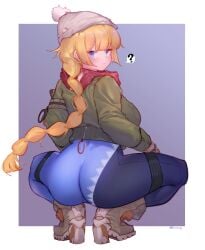 ? ass blonde_hair blue_eyes blush boots border eonsang female full_body girls'_frontline hat heels highres holster jacket long_hair long_sleeves looking_at_viewer looking_back mole mole_under_eye official_alternate_costume red_scarf scarf solo spoken_question_mark squatting thigh_holster vhs_(girls'_frontline) vhs_(keeper_on_page_8)_(girls'_frontline) white_border