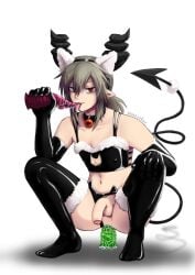 1boy animal_ears anten balls bikini bikini_bottom blonde_hair cat_bikini cat_ears collar covered decem_-angels_et_demons- demon demon_boy demon_horns demon_tail dildo dildo_in_ass dirty_blonde_hair fake_animal_ears fake_cat_ears femboy feminine_male funamusea gloves hairband horns latex_bikini latex_bikini_top latex_gloves latex_stockings latex_thighhighs licking licking_dildo male male_only morzzeker nipples obsolete_dream penis pointy_ears pointy_tail ponytail saliva small_penis soft_penis solo solo_male tail testicles tongue