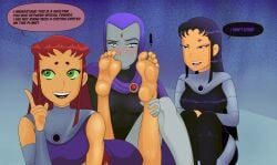 blackfire dc dc_comics feet feet_up female foot_fetish foot_focus foot_lick foot_worship fully_clothed rachel_roth raven_(dc) sharkyc soles starfire teen_titans toe_suck toe_sucking toes yuri