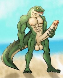 5_toes abs anthro balls beach biceps big_penis erection feet foreskin genitals glans helm_(connivingrat) hi_res humanoid male muscular muscular_anthro muscular_male nipples obliques pecs penis seaside solo tan_balls tan_glans tan_penis toes triceps vein