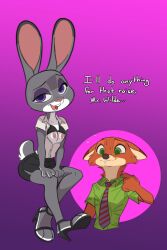 anthro areola biting_lip bra breasts canid canine clothing disney duo eyeshadow female footwear fox fur green_eyes grey_body grey_fur judy_hopps lagomorph leporid makeup male mammal necktie nick_wilde nipples orange_body orange_fur purple_eyes purple_eyeshadow rabbit siroc tail underwear zootopia