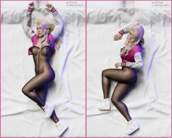 bed_sheet blonde_hair blue_eyes bodystocking heeled_shoes jacket_open katelyn_(skittym) skittym