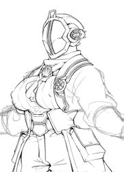 ascot big_breasts bondrewd female female_only fully_clothed genderswap_(mtf) helmet juliusnovacrono made_in_abyss mask masked masked_female monochrome nipple_bulge rough_sketch rule_63 sketch solo