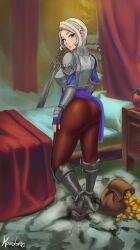 1girls armor ass bed big_ass coin elsie_westenra female female_only knight koordovac looking_back_at_viewer pantyhose silver_hair solo solo_female sword tights white_hair world_of_warcraft