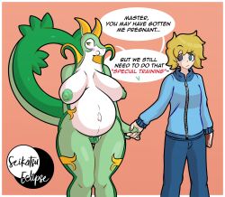 anthro artist_logo artist_name big_breasts blonde_hair blue_eyes breasts commission female green_nipples holding_hands huge_boobs huge_breasts humanoid imminent_sex male nintendo nipples oc original_character pokémon_(species) pokemon pokemon_(species) pokephilia pregnant pregnant_belly pregnant_female pussy seikatsueclipse serperior thick_thighs thighs