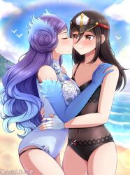 2girls arialilies beach bikini black_hair blue_sky brighid_(xenoblade) kissing morag_ladair_(xenoblade) nintendo ocean purple_hair xenoblade_(series) xenoblade_chronicles_2 yuri