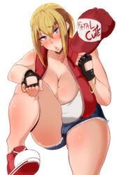 1girls blonde_hair blue_eyes blush breasts cleavage fatal_fury female female_only king_of_fighters large_breasts looking_at_viewer mole mole_on_breast mucc rule_63 short_shorts shorts solo terry_(snk_heroines:_tag_team_frenzy) terry_bogard