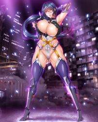 absurdres blue_hair blush bodysuit breast_press breasts city covered_erect_nipples curvy embarrassed fei_(maidoll) female full_body highleg highleg_leotard highres huge_breasts leotard long_hair night partially_visible_vulva ponytail pussy_juice revealing_clothes shiny_skin solo solo_female solo_focus sweat taimanin_(series) taimanin_asagi_kessen_arena thong_leotard uehara_rin wide_hips