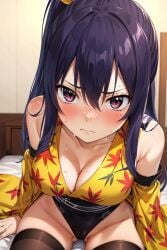 1girls ai_generated bed bending_forward big_breasts blue_hair blush blushing_at_viewer brown_eyes cleavage edens_zero homura_kogetsu kimono leotard leotard_under_clothes long_hair mole_under_eye serious shy sitting sitting_on_bed solo stockings sweating