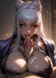 1boy 1girls ai_generated big_breasts big_penis boobjob bra cone_hair_bun cum cum_between_breasts cum_on_breasts cum_on_face double_bun evelynn female hair_bun huge_breasts huge_cock imminent_fellatio imminent_oral jacket k/da_all_out_evelynn k/da_all_out_series k/da_series large_breasts league_of_legends league_of_legends:_wild_rift licking licking_penis male male_pov mature mature_female nipples paizuri penis puffyart riot_games titfuck_under_clothes titjob white_hair yellow_eyes