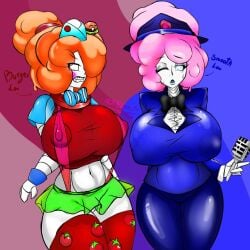 2girls big_ass big_breasts big_butt big_nipples blush brawl_stars busty curvaceous female hat huge_ass huge_breasts huge_butt jfmt2005_bv jfmt2005_bv(artist) lou_(brawl_stars) microphone multiple_girls orange_hair pink_hair robot_girl rule_63 smooth_skin tagme thick thick_ass thick_thighs wide_hips