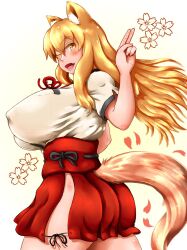 1girls big_ass big_breasts blush breasts_bigger_than_head clothed_female erect_nipples fate/extra_ccc_fox_tail fate/grand_order fate_(series) female fox_ears fox_girl fox_tail huge_breasts large_ass large_breasts long_hair nipple_bulge one_eye_closed open_mouth orange_hair side_view sideboob smile solo suzuka_gozen_(fate) takenokovst