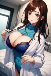 ai_generated big_breasts blue_lingerie breasts brown_eyes brown_hair cleavage clothes_lift coat female jujutsu_kaisen long_hair long_sleeves looking_at_viewer mole_under_eye shirt_lift shoko_ieiri white_coat