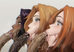 3girls :>= bar_censor bimbo bleach blowjob censored cock_hungry cock_worship dark-skinned_female dark-skinned_male dark_skin fellatio female genitals highres huge_penis identity_censor inoue_orihime interracial iwao178 light-skinned_female long_hair male matsumoto_rangiku mosaic_censoring multiple_girls multiple_penises oral oral_penetration orange_hair penetration penis penis_in_mouth purple_hair sex_addict shihouin_yoruichi simple_background tongue tongue_out tongue_out_blowjob very_dark_skin white_background