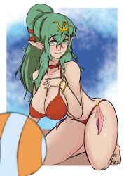 1girls alternate_costume ass ball bare_legs barefoot beach beach_ball big_ass bikini breasts choker cleavage female female_only fire_emblem fire_emblem_awakening grin hair_between_eyes in2naps kneeling large_breasts legs long_hair looking_at_viewer nintendo outdoors pointy_ears ponytail red_bikini red_swimsuit smile solo swimsuit tiki_(adult)_(fire_emblem) tiki_(fire_emblem)