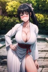 ai_generated arisato_yu big_breasts black_hair hair_tie hand_on_hip jujutsu_kaisen long_hair ponytail scar_on_face thick_thighs utahime_iori yukata