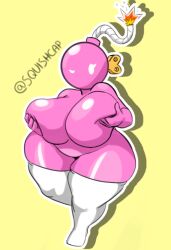 bbw bob-omb bomb bombette featureless_breasts fuse gigantic_breasts huge_ass huge_breasts mario_(series) nintendo pink_skin plump shiny_skin shortstack skindentation squishcap_(artist) thighhighs twitter_username wide_hips