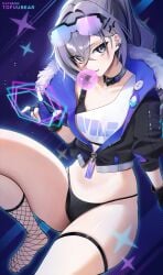 1girls choker eyewear_on_head feet female female_only fingerless_gloves fishnets gloves hairclip honkai:_star_rail jacket looking_at_viewer panties purple_eyes purple_hair silver_wolf_(honkai:_star_rail) solo solo_female tank_top thick_thighs thigh_strap thighs tofuubear