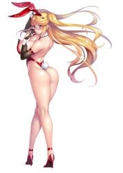 absurdres animal_ears aoi_nagisa_(metalder) ass bare_legs bare_shoulders blonde_hair blush breast_press breasts curvy fake_animal_ears fake_tail female full_body green_eyes highleg highleg_leotard highres huge_ass huge_breasts kosaka_shizuru leotard lilith-soft long_hair looking_at_viewer looking_back nipple_slip nipples parted_lips playboy_bunny puffy_nipples rabbit_ears rabbit_tail red_leotard revealing_clothes shiny_skin smile solo standing sweat tail taimanin_(series) taimanin_asagi taimanin_rpgx taimanin_yukikaze thong_leotard twintails white_background