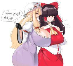 2girls big_breasts blonde_hair breasts brown_hair cleavage clothed_female english_text gloves huge_breasts light-skinned_female mature_female nipple_bulge reimu_hakurei shrine_maiden suwacrab text text_bubble thick_thighs touhou white_background yukari_yakumo