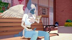 2023 3d 3d_(artwork) absol anthro aria_the_absol bench casual_erection casual_exposure crotchless_pants dickgirl futanari horn horns koikatsu lloydltz mega_absol pokemon pokemon_(species) reading reading_book sitting sitting_on_bench solo tail wings