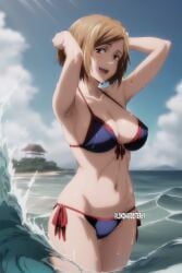 ai_generated beach big_breasts bikini brown_eyes brown_hair hands_on_head jujutsu_kaisen kugisaki_nobara lokokabooster69 short_hair smiling_at_viewer