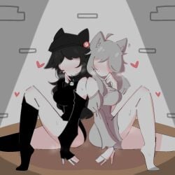 2girls back_to_back blush cat_ears detatched_sleeves hand_on_chin hat heart high_socks mirrored_pose no_face roblox robloxian sitting xqueendoge