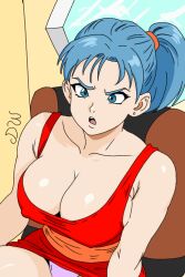 angry_face big_breasts blue_eyes blue_hair bulma_(dragon_ball) bulma_briefs bulma_briefs dragon_ball driving huge_breasts red_shirt