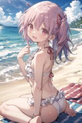 ai_generated ass beach beach_background bikini looking_at_viewer looking_back_at_viewer madoka_kaname magical_girl mahou_shoujo_madoka_magica open_mouth pink_eyes pink_hair pink_ribbon playing_with_hair puella_magi_madoka_magica ribbon ribbons shy sitting small_breasts thighs twintails young