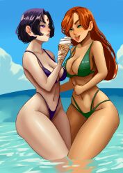 2girls alien alien_girl beach bikini breasts cartoon_network dc dc_comics duo duo_female duo_focus female female_only green_eyes grey_skin highleg_bikini highleg_swimsuit ice_cream long_hair long_hair_female multiple_girls orange_skin purple_eyes purple_hair rachel_roth raven_(dc) red_hair salsdraws sea sharing_food short_hair short_hair_female starfire summer teen_titans thick_thighs thighs tongue tongue_out vanilla