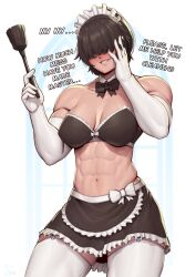 1girls abs athletic athletic_female blinding_bangs blush blushing_at_viewer bra covered_eyes detached_collar elbow_gloves eyes_covered female garter_straps gloves hair_over_eyes looking_at_viewer maid maid_headdress maid_outfit maid_uniform muscular muscular_female navel original original_character speedl00ver talking_to_viewer thighhighs white_thighhighs