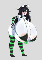 bikini breasts_bigger_than_head dog_ears gigantic_breasts glasses homestuck jade_harley long_hair phasmomo stockings striped_clothing striped_gloves striped_legwear striped_socks tagme