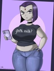 1girls big_breasts choker dc dc_comics eyebrows female female_only got_milk goth goth_girl grey_body grey_skin holding_phone jeans large_breasts looking_at_viewer navel phone purple_eyes purple_hair rachel_roth raven_(dc) solo teen_titans teenagebratwurst thick_thighs thighs thong wide_hips