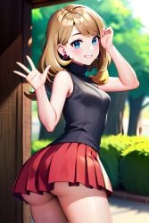 1girls ai_generated blonde_female blonde_hair blue_eyes miniskirt pokemon pokemon_xy serena_(pokemon) serena_(pokemon_games) skirt skirt_lift smile tagme waving