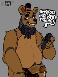 3:4 anthro balls bodily_fluids bow_tie boxers_(clothing) clothing cock_out cum five_nights_at_freddy's freddy_(fnaf) gay genital_fluids genitals grin hat headgear headwear hi_res machine male male_only microphone musclegut overweight overweight_male penis precum robot scottgames skyl4378 smile smug solo teeth top_hat underwear