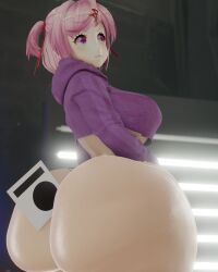 3d 3d_(artwork) alternate_breast_size ass ass_bigger_than_head ass_focus behind_view big_ass big_breasts big_butt bottomless breasts bubble_ass bubble_butt clothing cropped doki_doki_literature_club female female_only hair_ornament hoodie huge_ass mostly_nude natsuki_(doki_doki_literature_club) patreon_logo pink_hair shortstack solo solo_female solo_focus sonivvnsfw tagme