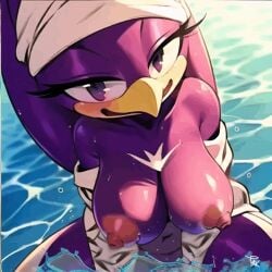 1girls ai_generated anthro beach big_breasts bird breasts female nipples nude purple_eyes sonic_(series) sonic_riders sunbathing swallow_(bird) takout water wave_the_swallow