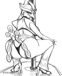 absurd_res anthro ass avian band1tnsfw bird black_and_white breasts crouching eyelashes female female_focus generation_9_pokemon hi_res long_eyelashes looking_at_viewer monochrome nintendo pinup pokemon pokemon_(species) pole portrait pose quaquaval solo stripper stripper_pole tail thick_thighs