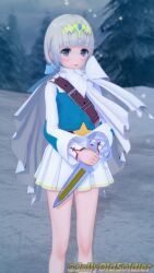 3d bangs bare_legs blue_eyes breasts cape female female_only fire_emblem fire_emblem_heroes grey_hair jollyoldsoldier knife legs long_sleeves looking_at_viewer night nintendo open_mouth outdoors short_hair skirt small_breasts snow tree weapon ylgr_(fire_emblem)