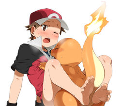 agemono anal anal_sex barefoot blush bottomless brown_eyes brown_hair charmander fire gay hair hat human interspecies male male_pokemon/male_human missionary_position nintendo penetration plain_background pokémon_(species) pokemon pokemon_trainer pokephilia sitting size_difference soles sweat tail tail_fire tears toes video_games white_background