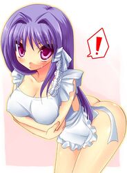 1girls apron ass bent_over blush breast_hold breasts clannad cleavage collarbone fujibayashi_kyou hadaka_apron huge_breasts looking_at_viewer naked_apron photoshop_(medium) purple_eyes purple_hair ribbon solo sweatdrop yukizuki_chikuba