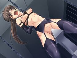 arms_behind arms_behind_back bars blush bondage breast_bondage brown_hair carmine censored cg chains dungeon garter_belt long_hair nipples noise_(eroge) nude pain pettanko slave tears thighhighs whip_marks wooden_horse