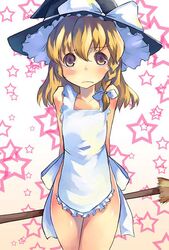 1girls apron blonde_hair blush braid broom collarbone flat_chest hadaka_apron hat kirisame_marisa looking_at_viewer mikage_sekizai naked_apron photoshop_(medium) shy solo star_(symbol) touhou witch_hat yellow_eyes