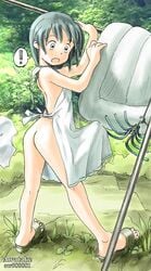 ! 1girls ? apron artist_name ass awatake_takahiro back black_hair clothesline futon grass hadaka_apron laundry naked_apron outdoors photo_background sandals spoken_exclamation_mark spoken_question_mark surprised toes tree