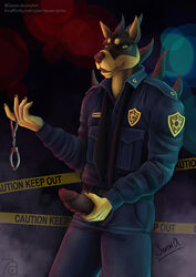 2018 anthro canine clothed clothing demon doberman furry furry_only handcuffs horn looking_at_viewer male male_focus male_only mammal necktie no_humans officer penis police sevenarms shackles smile solo uniform