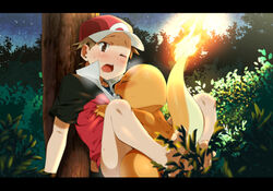 agemono anal anal_sex blush bottomless brown_eyes brown_hair charmander fire forest gay hair hat human interspecies male male_pokemon/male_human missionary_position night nintendo outside penetration pokémon_(species) pokemon pokemon_trainer pokephilia sitting size_difference small_dom_big_sub sweat tail tail_fire tears tree video_games