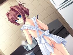 1girls apron asakura_otome ass blue_eyes blush brown_hair cooking da_capo da_capo_ii dutch_angle game_cg hadaka_apron kayura_yuka looking_at_viewer looking_back naked_apron refrigerator short_hair smile solo white_apron